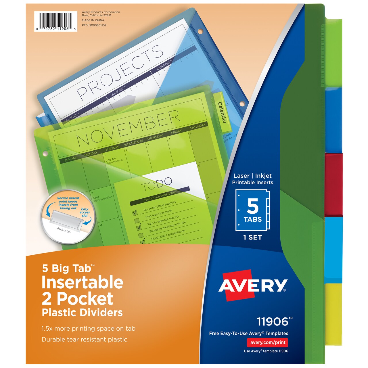 Avery Big Tab Dividers for 3 Ring Binders, 5-Tab Set, Two-Pocket Plastic Binder Dividers, Insertable Big Tabs, Multicolor, Works With Sheet Protectors, 1 Set (11906) - 24 Pack